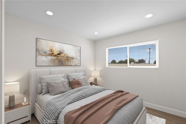 Bedroom, Interior, Recessed Lighting, Wood Texture Flooring