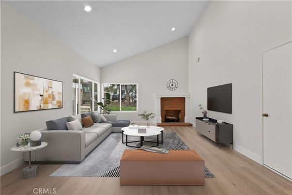 Fireplace, Interior, Living room, Recessed Lighting, Wood Texture Flooring
