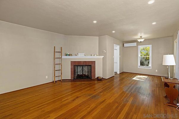 Empty room, Fireplace, Interior, Recessed Lighting, Wood Texture Flooring