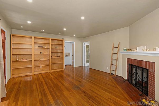 Empty room, Fireplace, Interior, Recessed Lighting, Wood Texture Flooring
