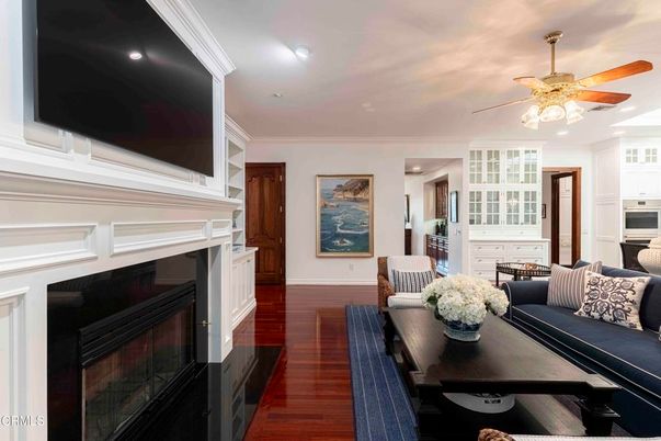 Dining room, Fireplace, Interior, Living room, Recessed Lighting, Wood Texture Flooring