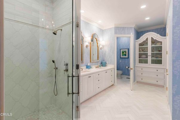 Bathroom, Dual Sink Vanities, Glass Shower, Interior, Recessed Lighting