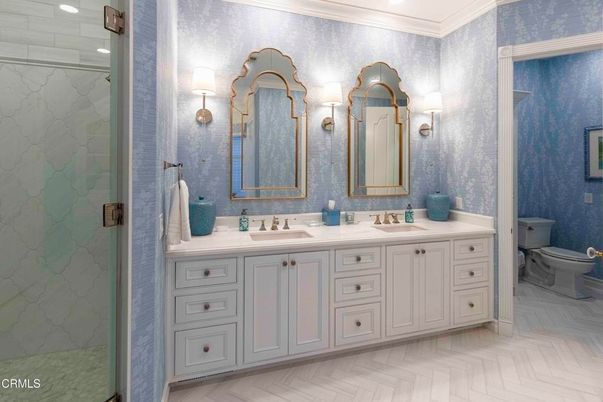 Bathroom, Dual Sink Vanities, Glass Shower, Interior, Marble, Recessed Lighting