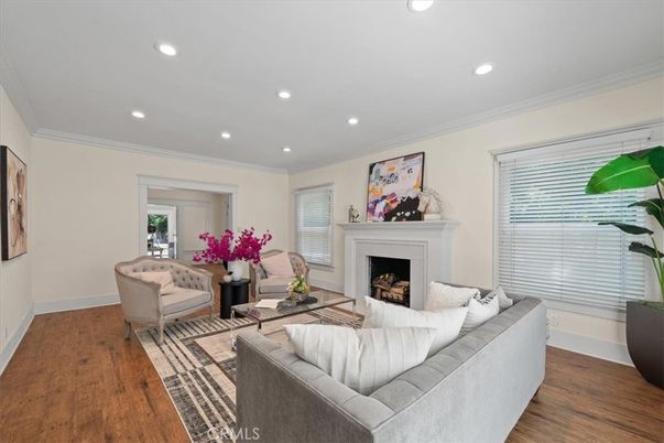 Fireplace, Interior, Living room, Recessed Lighting, Wood Texture Flooring