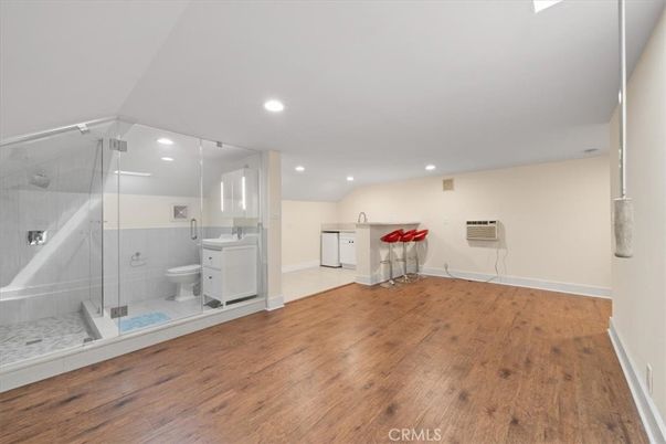Bathroom, Glass Shower, Interior, Recessed Lighting, Wood Texture Flooring