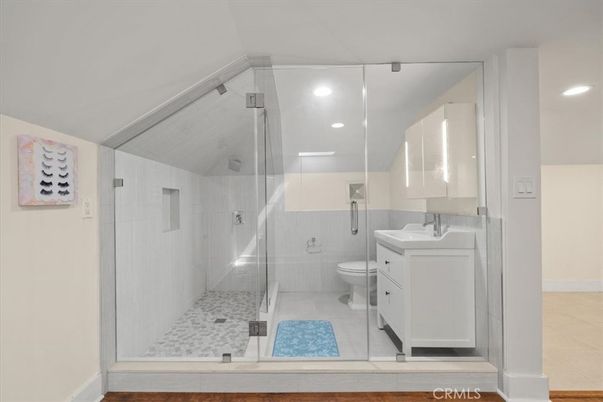 Bathroom, Glass Shower, Interior, Recessed Lighting, Wood Texture Flooring