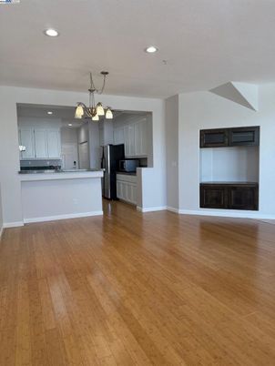 Empty room, Interior, Kitchen, Pendant Lights, Recessed Lighting, Wood Texture Flooring