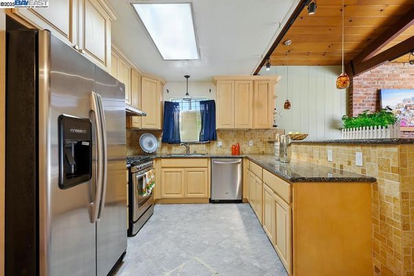 Interior, Kitchen, Pendant Lights, Stainless Steel Appliances, Stone Walls, Wooden Ceilings