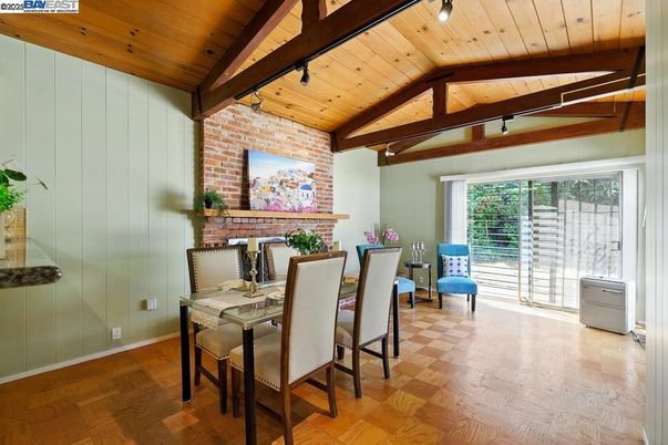 Dining room, Fireplace, Interior, Stone Walls, Wooden Beams, Wooden Ceilings, Wood Texture Flooring