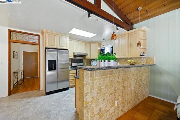 Interior, Kitchen, Pendant Lights, Stainless Steel Appliances, Wooden Ceilings, Wood Texture Flooring