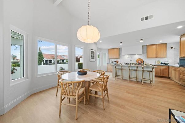 Dining room, Interior, Kitchen, Pendant Lights, Recessed Lighting, Wood Texture Flooring
