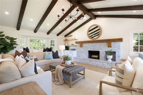 Chandelier, Fireplace, Interior, Living room, Recessed Lighting, Wooden Beams, Wood Texture Flooring
