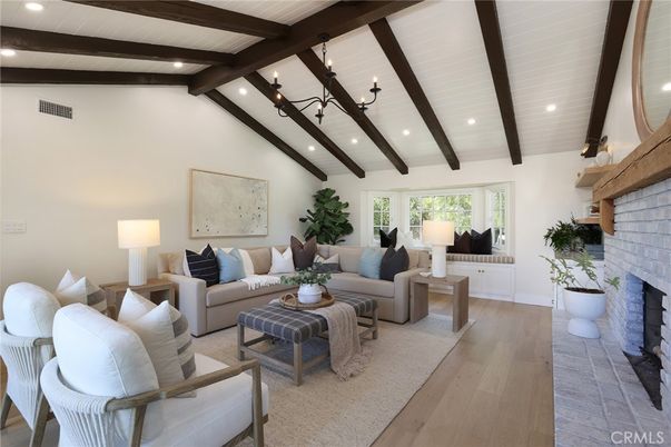 Chandelier, Fireplace, Interior, Living room, Recessed Lighting, Stone Walls, Wooden Beams, Wood Texture Flooring