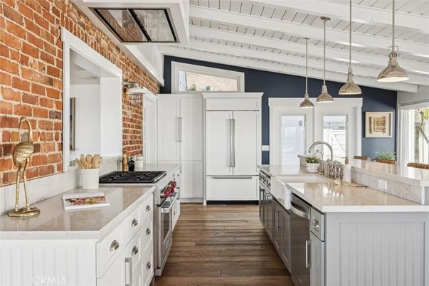 Interior, Kitchen, Pendant Lights, Stone Walls, Wood Texture Flooring
