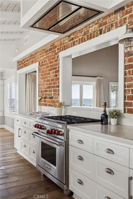 Interior, Kitchen, Stainless Steel Appliances, Stone Walls, Water, Wood Texture Flooring