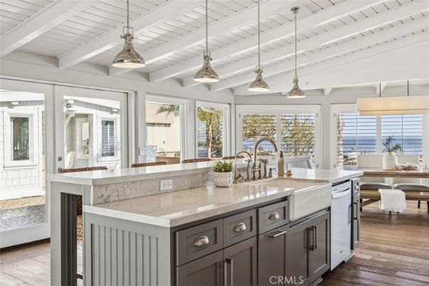 Dining room, Interior, Kitchen, Pendant Lights, Water, Wood Texture Flooring