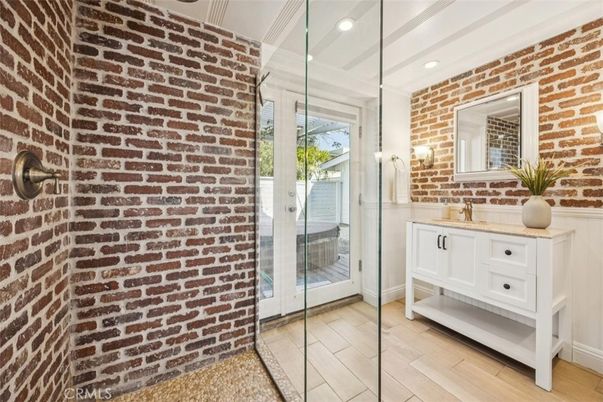 Bathroom, Glass Shower, Interior, Recessed Lighting, Stone Walls, Wood Texture Flooring