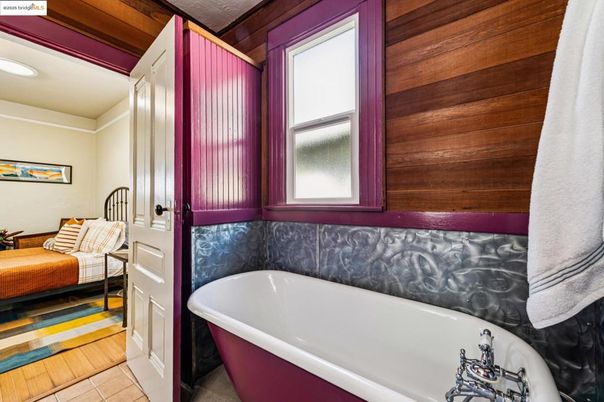 Bathroom, Free Standing Baths, Interior, Recessed Lighting, Wood Texture Flooring, Wooden Walls