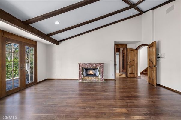 Empty room, Fireplace, Interior, Recessed Lighting, Wooden Beams, Wood Texture Flooring