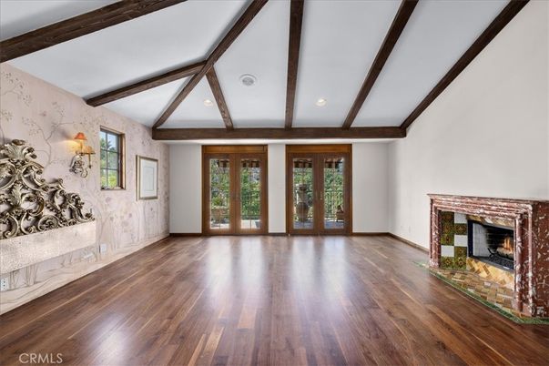 Empty room, Fireplace, Interior, Recessed Lighting, Wooden Beams, Wood Texture Flooring