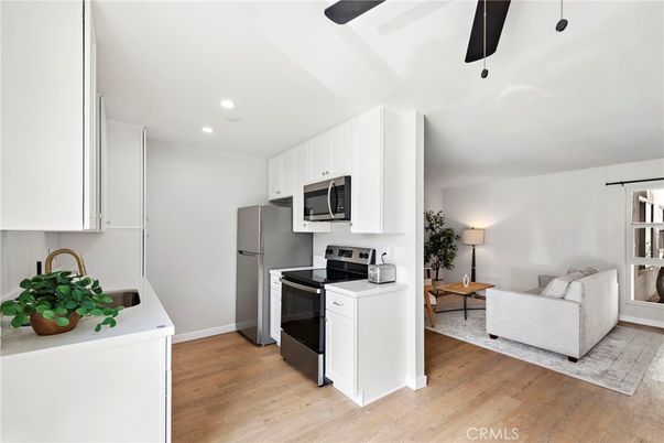 Interior, Kitchen, Living room, Recessed Lighting, Stainless Steel Appliances, Wood Texture Flooring