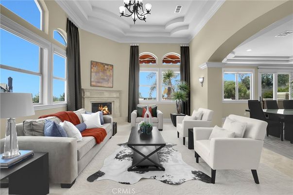 Chandelier, Dining room, Fireplace, Interior, Living room, Recessed Lighting