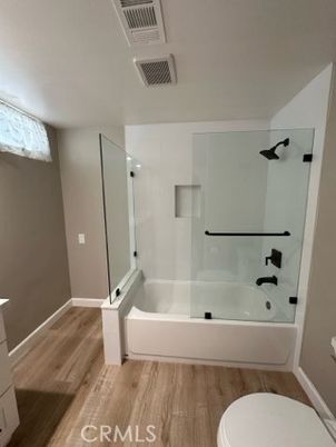 Bathroom, Glass Shower, Interior, Wood Texture Flooring