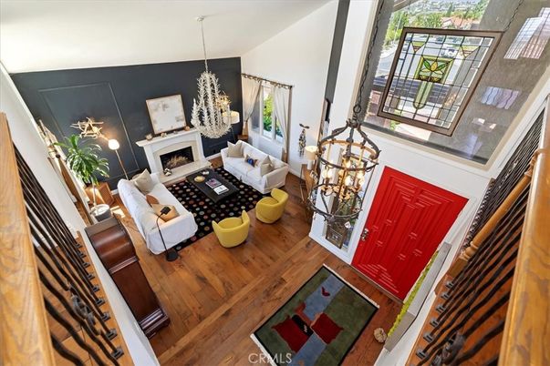 Fireplace, Interior, Living room, Pendant Lights, Wood Texture Flooring