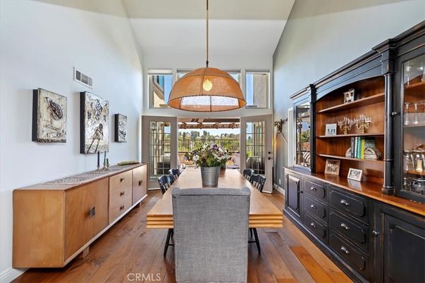 Dining room, Interior, Pendant Lights, Wood Texture Flooring