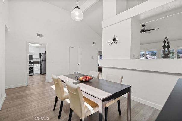 Dining room, Interior, Kitchen, Pendant Lights, Stainless Steel Appliances, Wood Texture Flooring