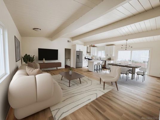 Dining room, Interior, Kitchen, Living room, Pendant Lights, Wood Texture Flooring