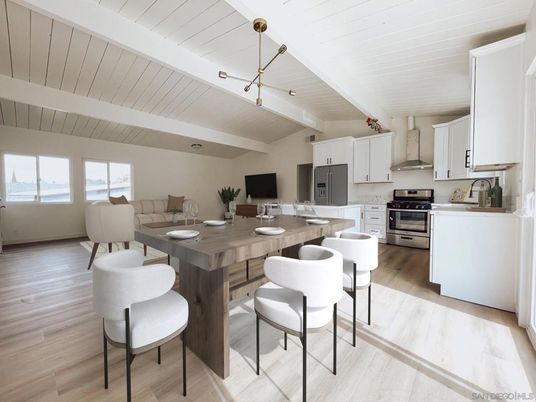 Dining room, Interior, Kitchen, Stainless Steel Appliances, Wood Texture Flooring