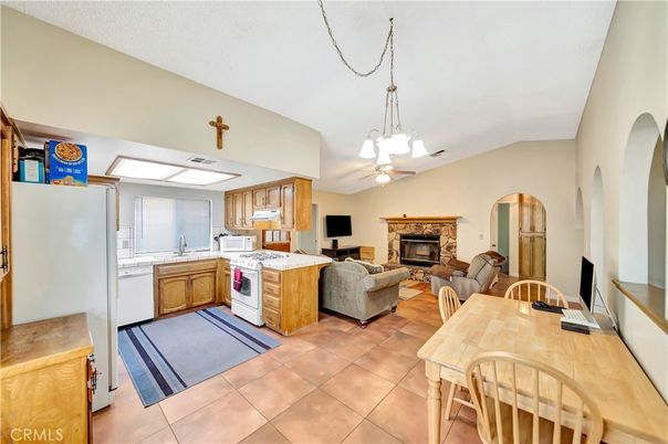Dining room, Fireplace, Interior, Kitchen, Living room, Pendant Lights