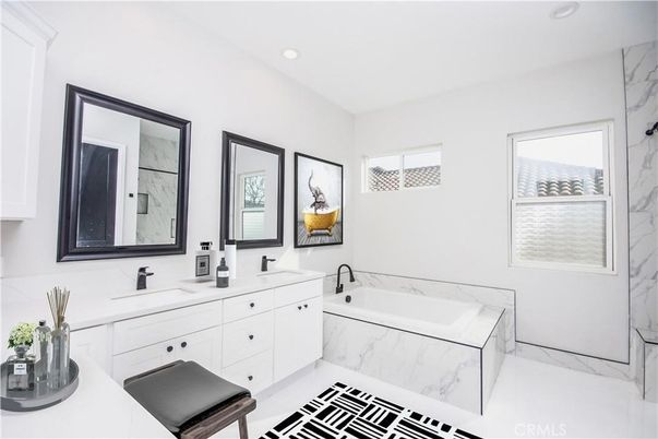 Bathroom, Dual Sink Vanities, Interior, Marble, Marble Walls, Recessed Lighting