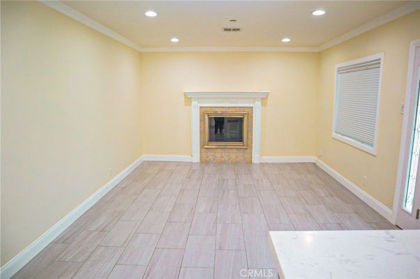 Empty room, Fireplace, Interior, Recessed Lighting, Wood Texture Flooring