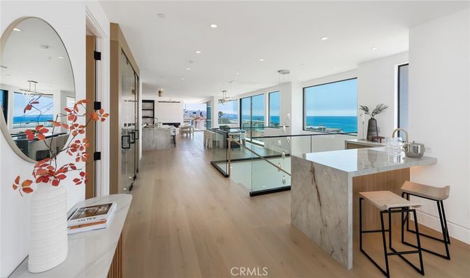 Interior, Kitchen, Pendant Lights, Recessed Lighting, Stainless Steel Appliances, Water, Wood Texture Flooring
