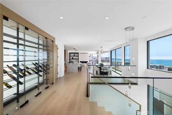 Dining room, Interior, Kitchen, Pendant Lights, Recessed Lighting, Water, Wine Storage, Wood Texture Flooring