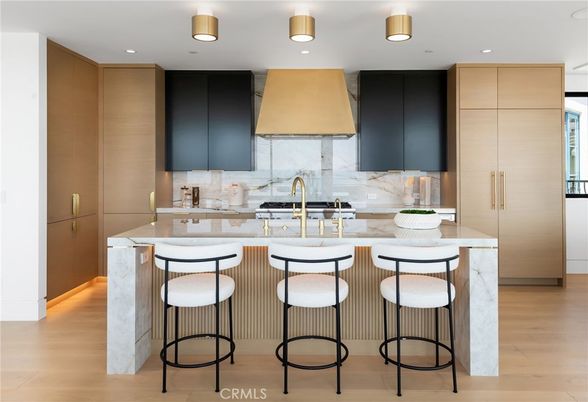 Interior, Kitchen, Marble Walls, Recessed Lighting, Wood Texture Flooring