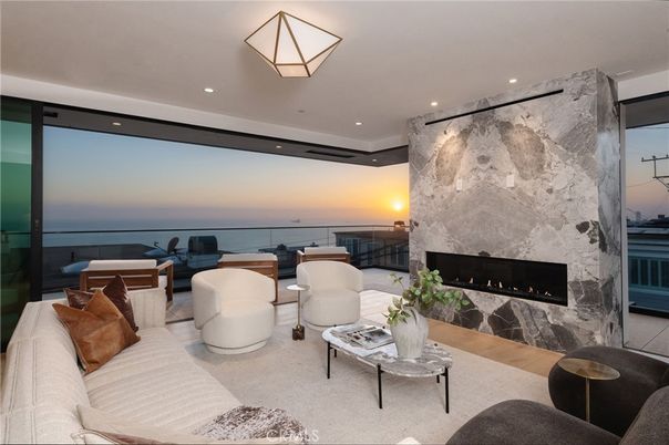 Fireplace, Interior, Living room, Marble Walls, Recessed Lighting, Water