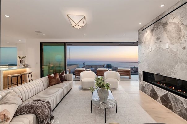 Fireplace, Interior, Living room, Marble Walls, Recessed Lighting, Water