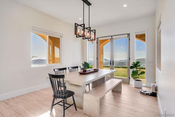 Dining room, Interior, Pendant Lights, Recessed Lighting, Wood Texture Flooring