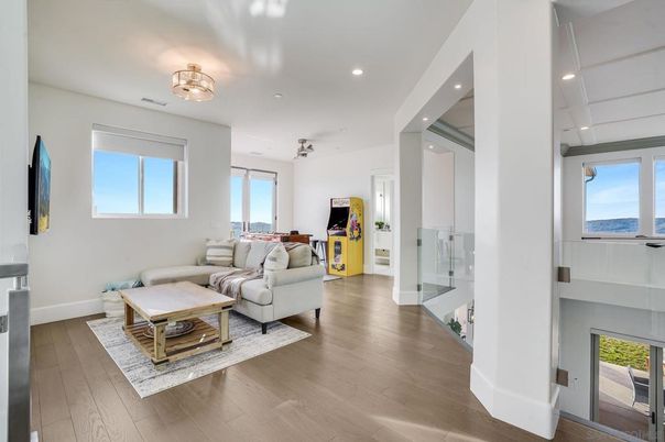 Fireplace, Interior, Living room, Recessed Lighting, Water, Wood Texture Flooring