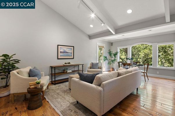 Dining room, Interior, Living room, Recessed Lighting, Wood Texture Flooring