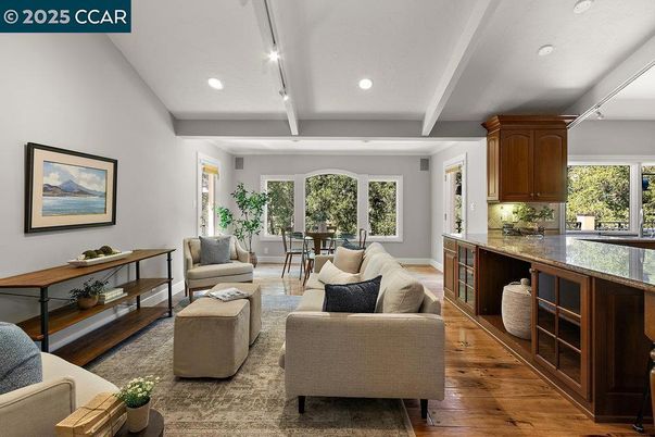 Dining room, Interior, Living room, Recessed Lighting, Wood Texture Flooring