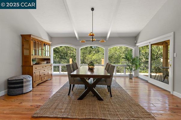 Dining room, Interior, Pendant Lights, Wood Texture Flooring