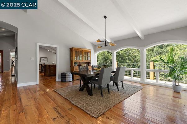 Dining room, Interior, Pendant Lights, Recessed Lighting, Wood Texture Flooring