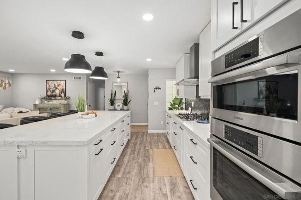 Interior, Kitchen, Pendant Lights, Recessed Lighting, Stainless Steel Appliances, Wood Texture Flooring