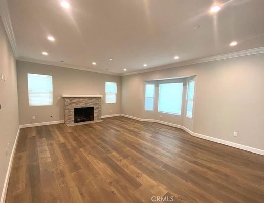 Empty room, Fireplace, Interior, Recessed Lighting, Wood Texture Flooring