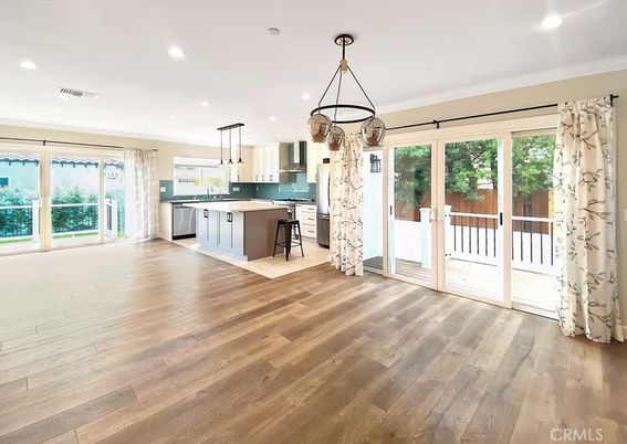 Chandelier, Interior, Kitchen, Pendant Lights, Recessed Lighting, Wood Texture Flooring