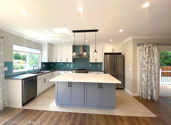 Interior, Kitchen, Pendant Lights, Recessed Lighting, Stainless Steel Appliances, Wood Texture Flooring